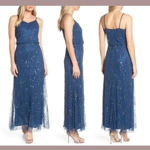NWT Pisarro Nights Bead Embellished Blouson Evening Gown‎ in Blue [SZ 10 ]